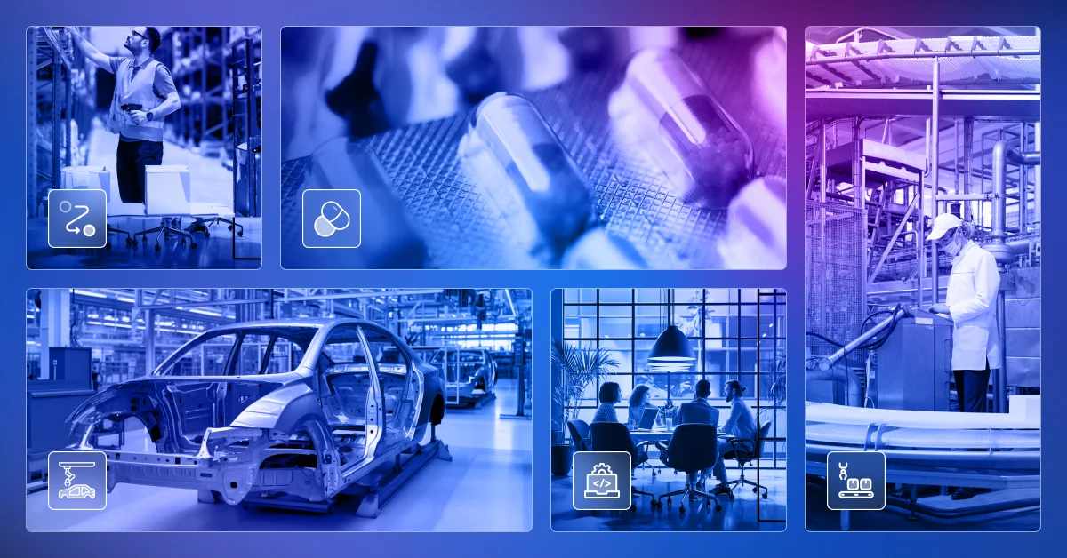 Na wizualizacji znajduje się kilka bloków symbolizujących różne branże: przedstawiono mężczyznę w magazynie, tabletki w opakowaniu, szkielet samochodu na linii produkcyjnej, osoby siedzące w biurze na spotkaniu przy okrągłym stole oraz mężczyznę w białej masce i fartuchu na produkcji.